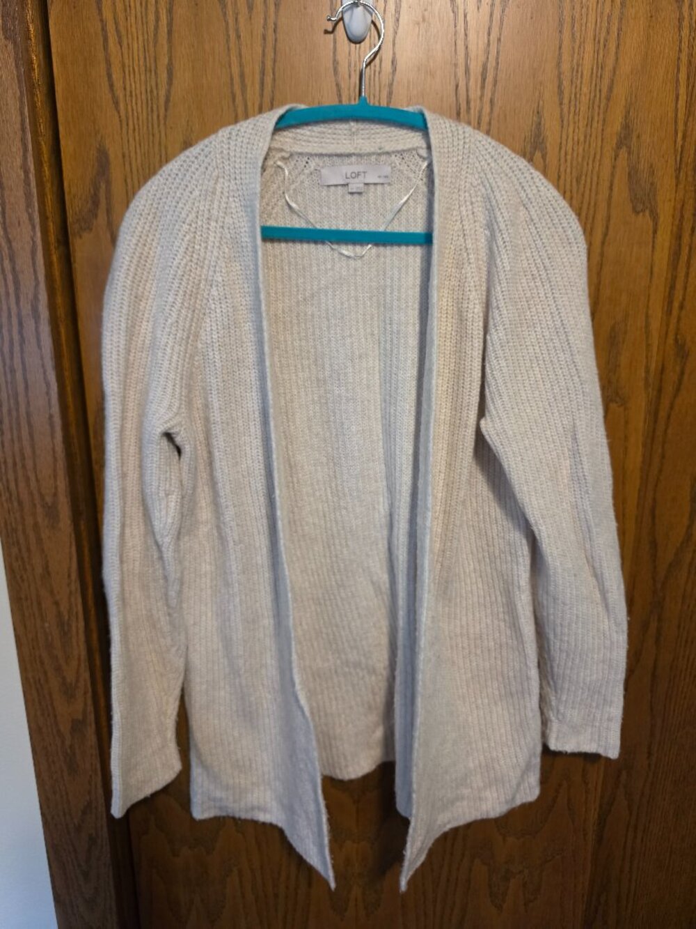 LOFT Ribbed Open Front Cardigan Sweater Medium Petite Cream Oatmeal Knit